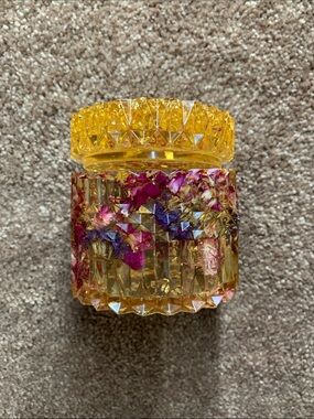 Yellow Amber Jar with Dried Pink and Purple Flowers Resin (?) Decorative Jar